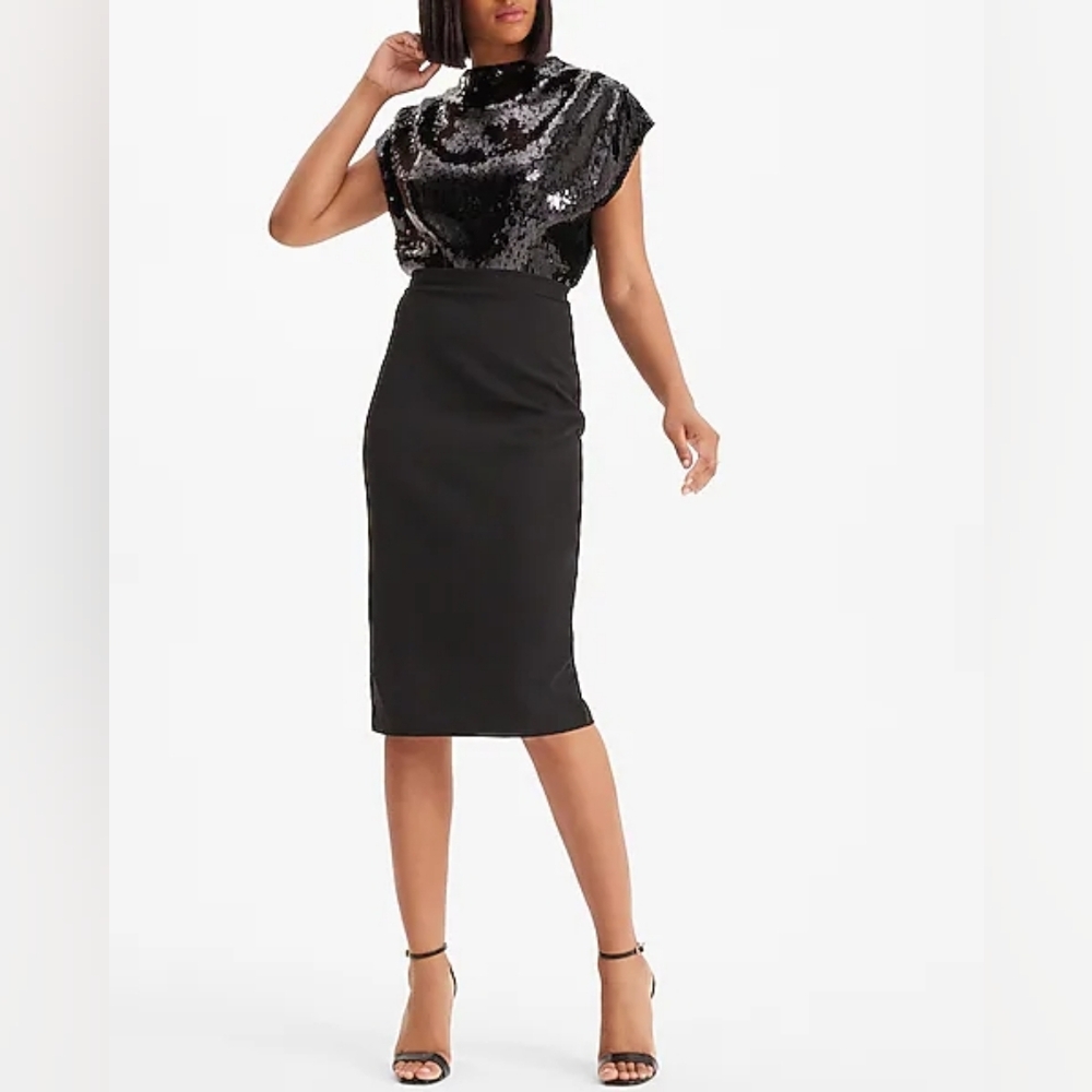 NWT Express Black Sequin Draped Mock Neck Midi Sheath Dress